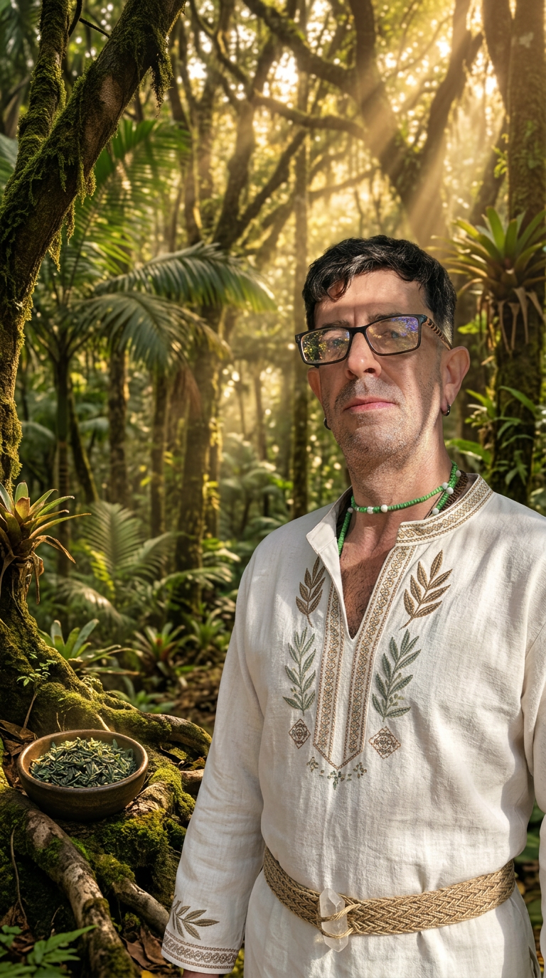 João Rodrigues, o Xamã das Ervas, segurando ervas medicinais